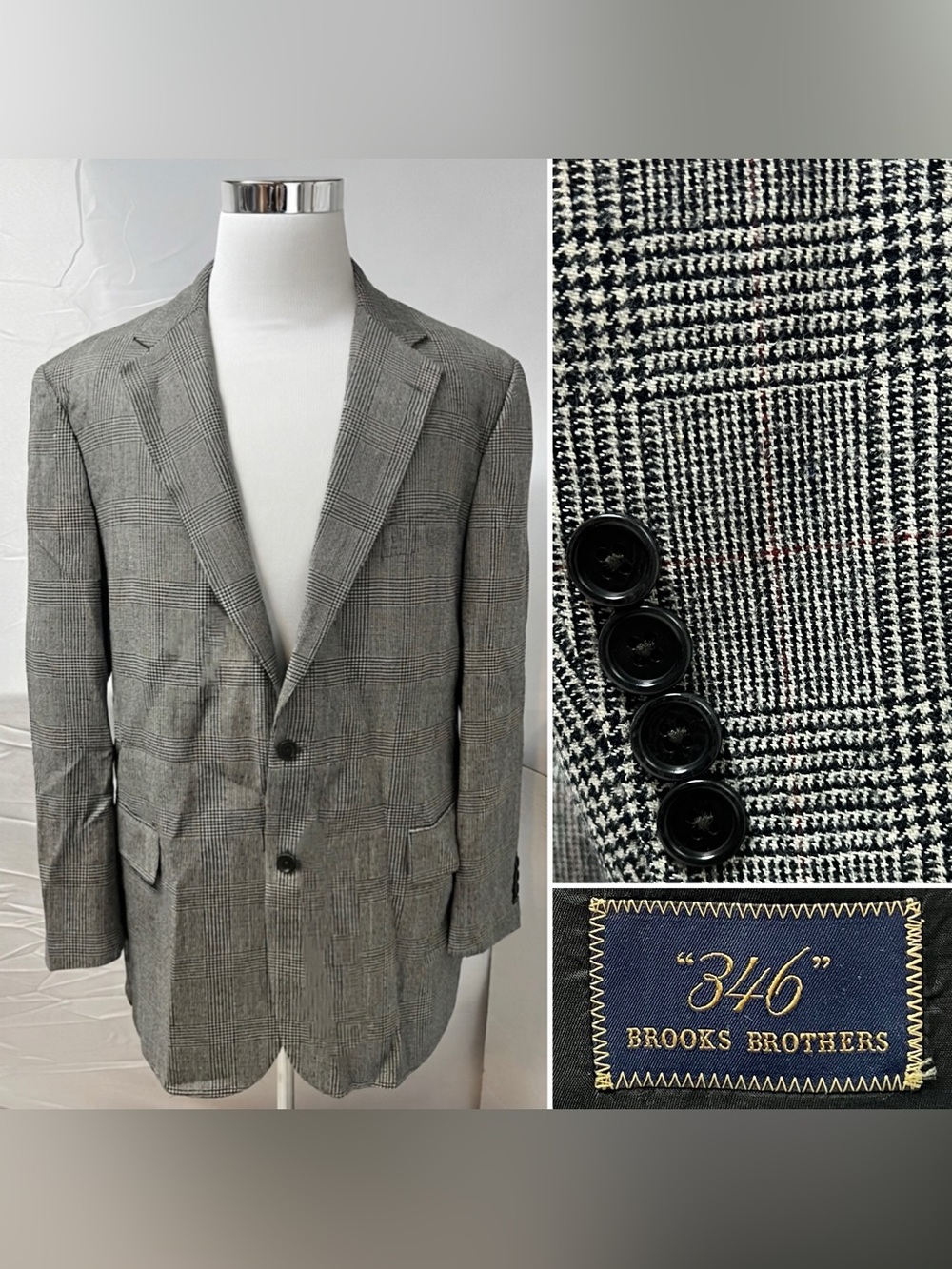 Brooks Brothers Men's 46L Gray Glen Plaid Check Wool Blazer Jacket